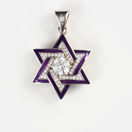 Pendant Magen David in 14K White Gold with Enamel, Natural Diamonds & Lab-Grown Center Diamond