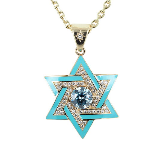Star of David ( Magen David )  Pendant 14K Yellow Gold with Diamonds, Blue Lab Grown Diamond, and Enamel
