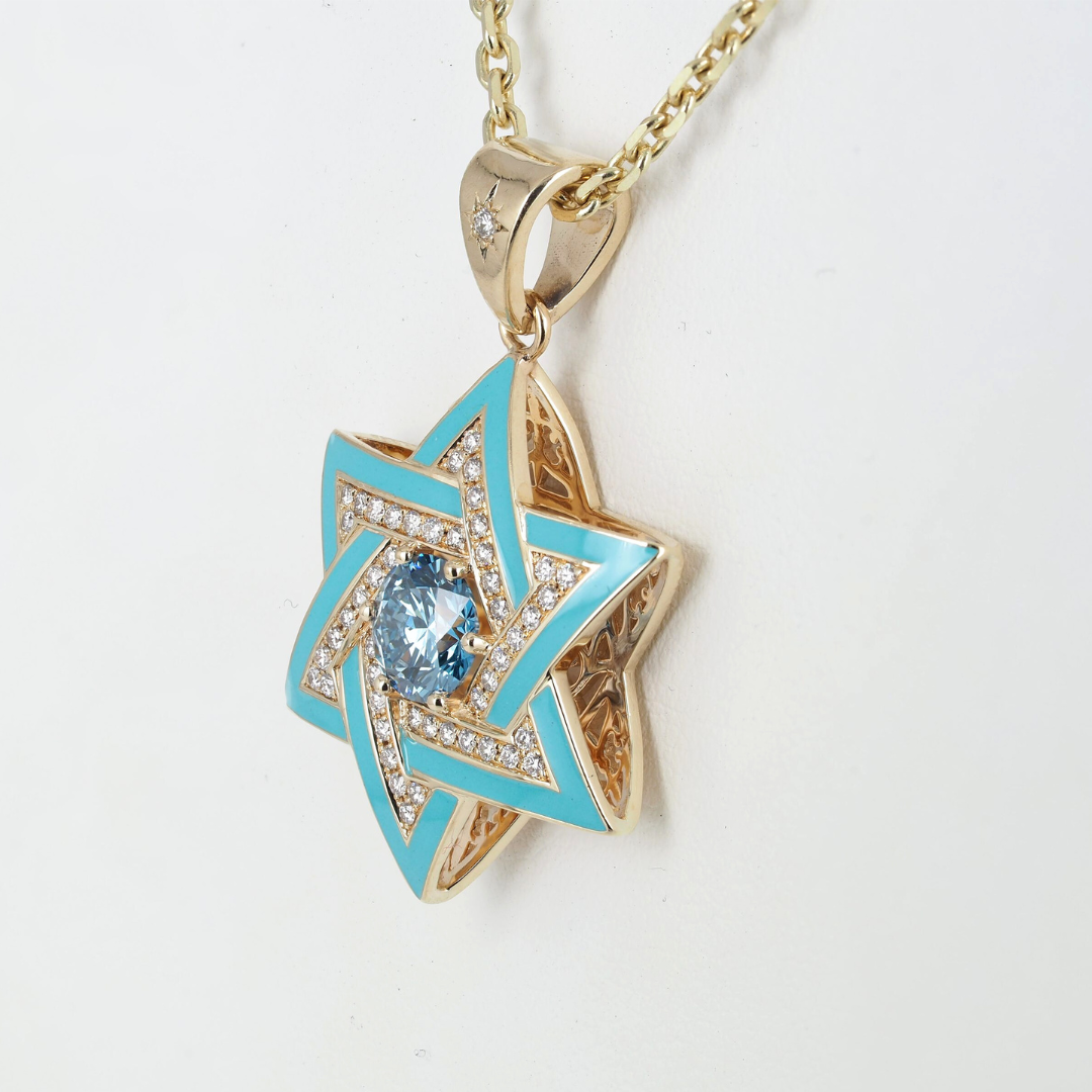 Star of David ( Magen David )  Pendant 14K Yellow Gold with Diamonds, Blue Lab Grown Diamond, and Enamel