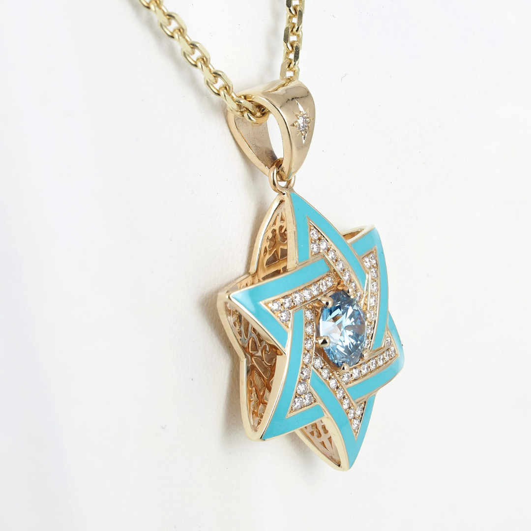 Star of David ( Magen David )  Pendant 14K Yellow Gold with Diamonds, Blue Lab Grown Diamond, and Enamel