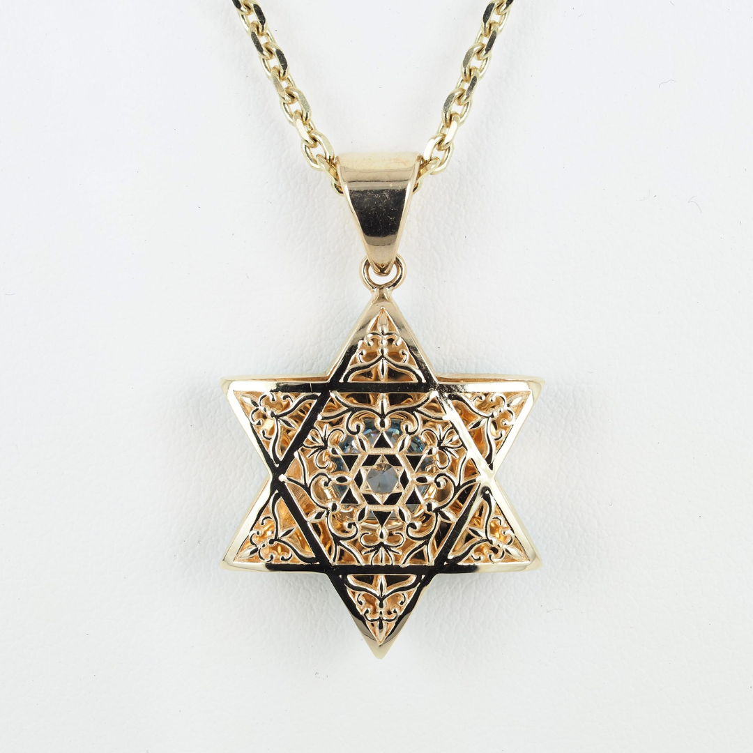 Star of David ( Magen David )  Pendant 14K Yellow Gold with Diamonds, Blue Lab Grown Diamond, and Enamel