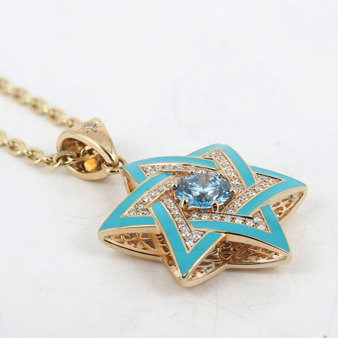 Star of David ( Magen David )  Pendant 14K Yellow Gold with Diamonds, Blue Lab Grown Diamond, and Enamel