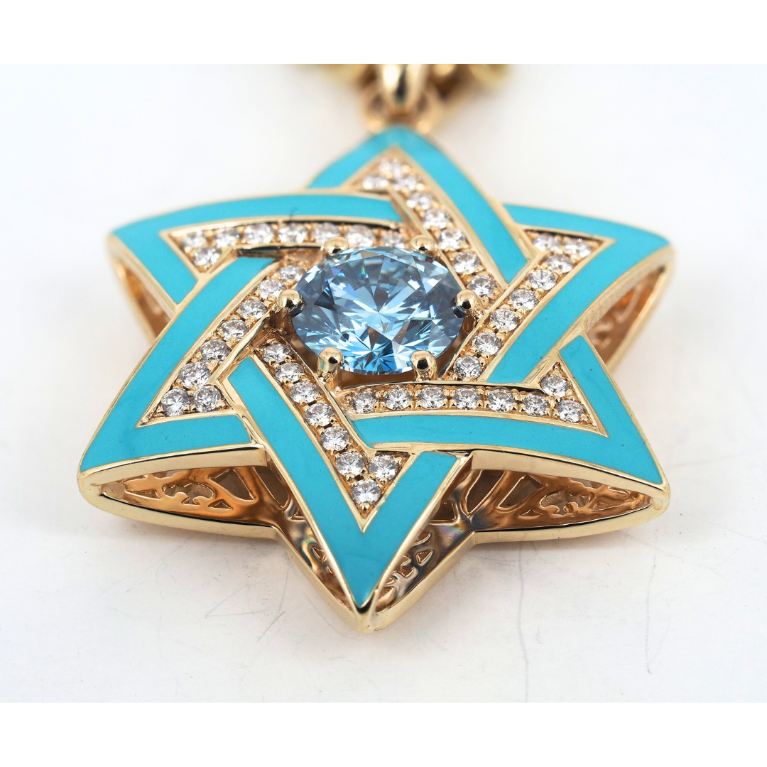Star of David ( Magen David )  Pendant 14K Yellow Gold with Diamonds, Blue Lab Grown Diamond, and Enamel
