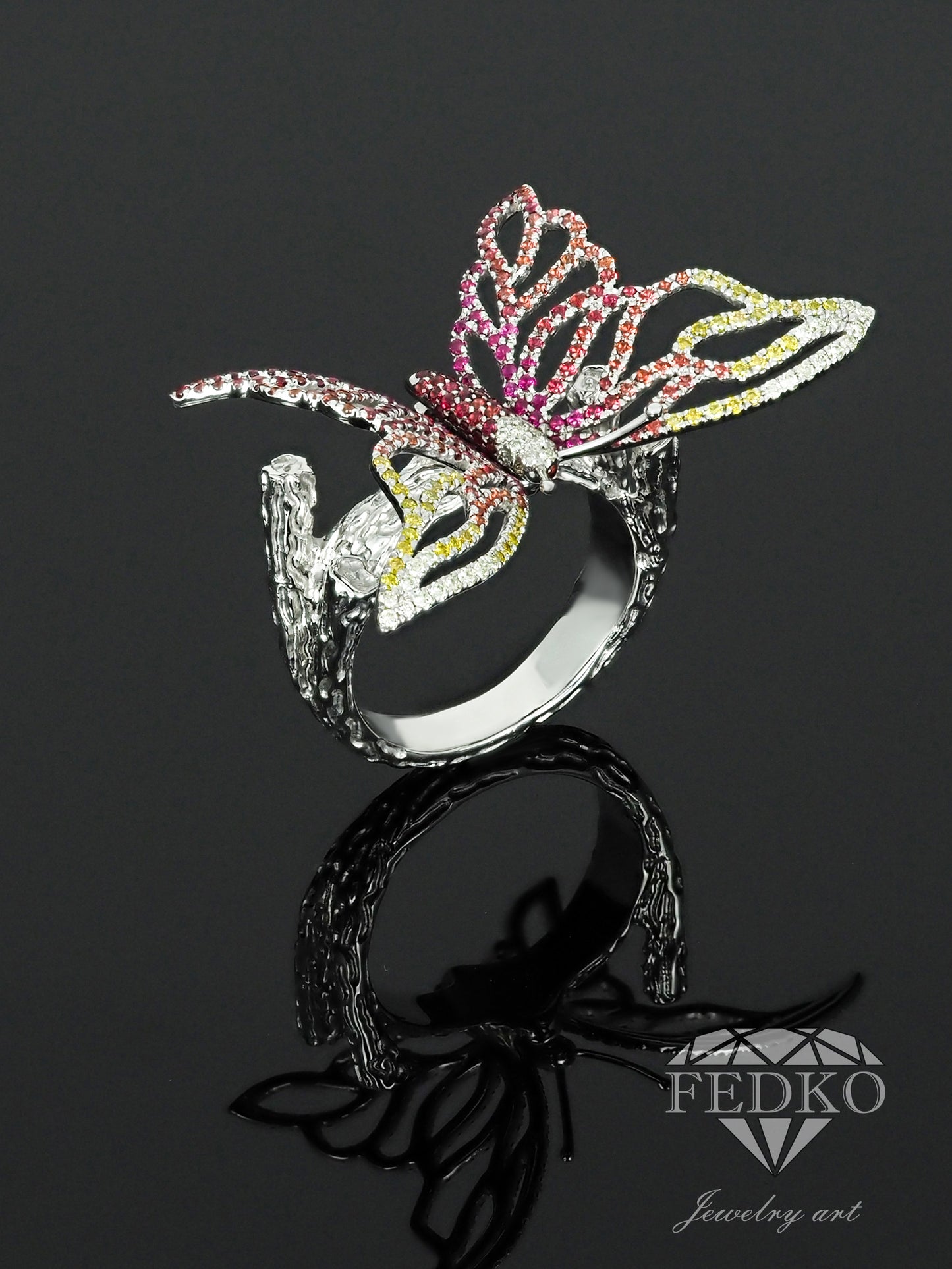 Gold Butterfly Ring 18K White Gold with Natural Diamonds & Sapphires